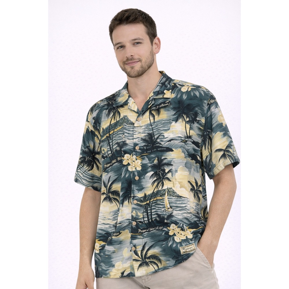 Tommy Bahama Button Down Mens XL Green Tropical Palm Tree Paradise Camp Shirt